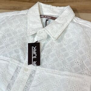 Mr Turk Esteban Shirt Mens Small Crochet White Eyelet Cotton Short Sleeve Camp